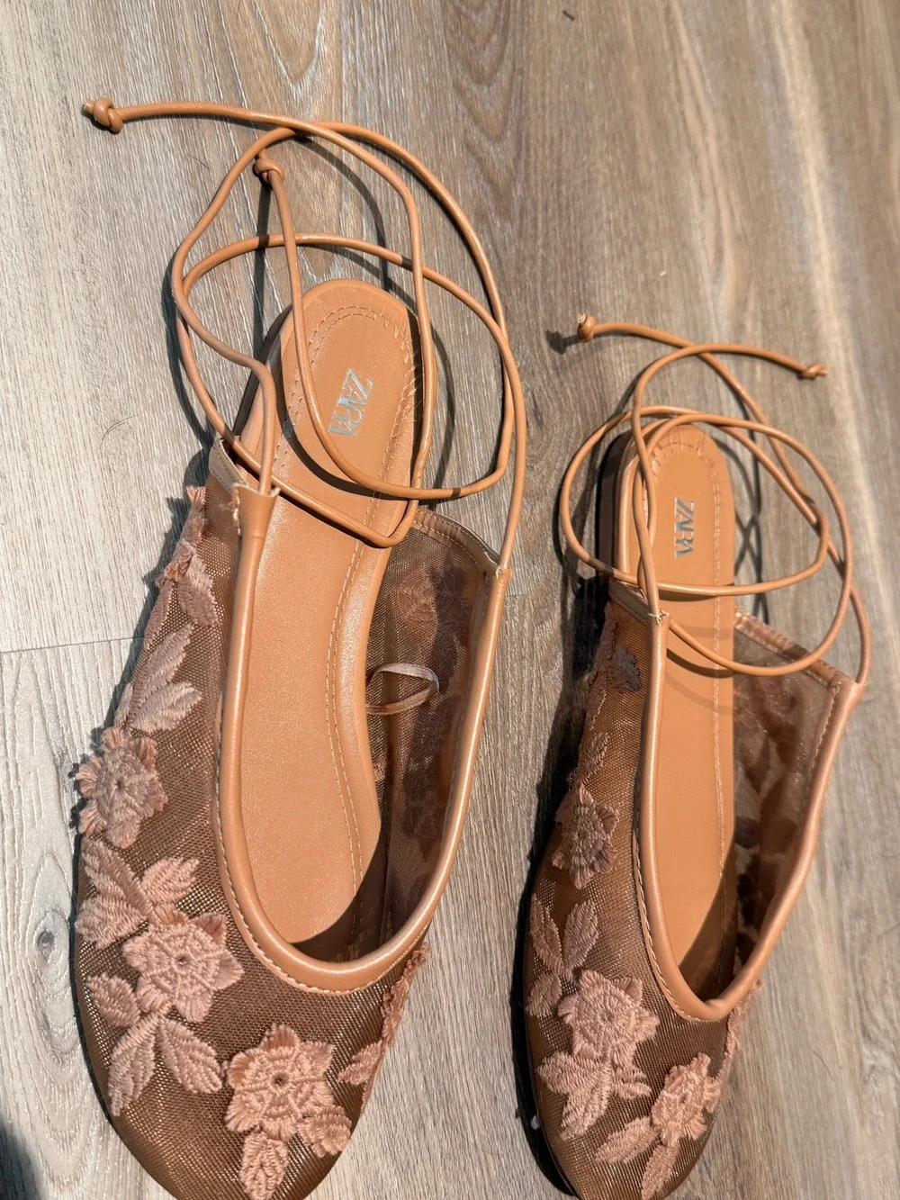 Pink/Brown Mesh Floral embroidered Ballet Flats with Ankle Tie